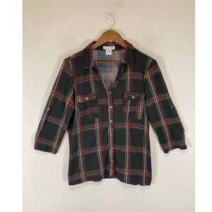 Dark Academia Hasting & Smith Womens Medium Black‎ Red Plaid Roll Tab Sleeve Top